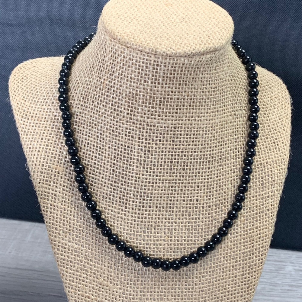 Black Beaded Necklace 18 Inch Round Polished Beads Classic Jewelry 5259